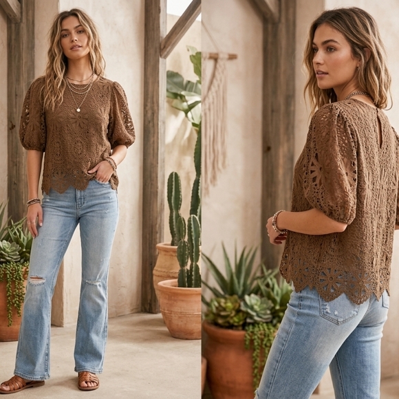 Pinky Tops - Pinky Brown Crochet Eyelet Puff Sleeve Top